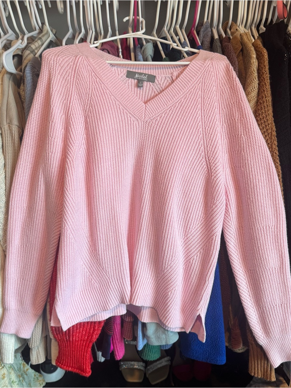 Marled Lightweight Pink V-Neck Pullover Sweater small